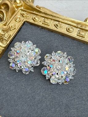 Vintage Crystal Aurora Cluster Clip On Earrings